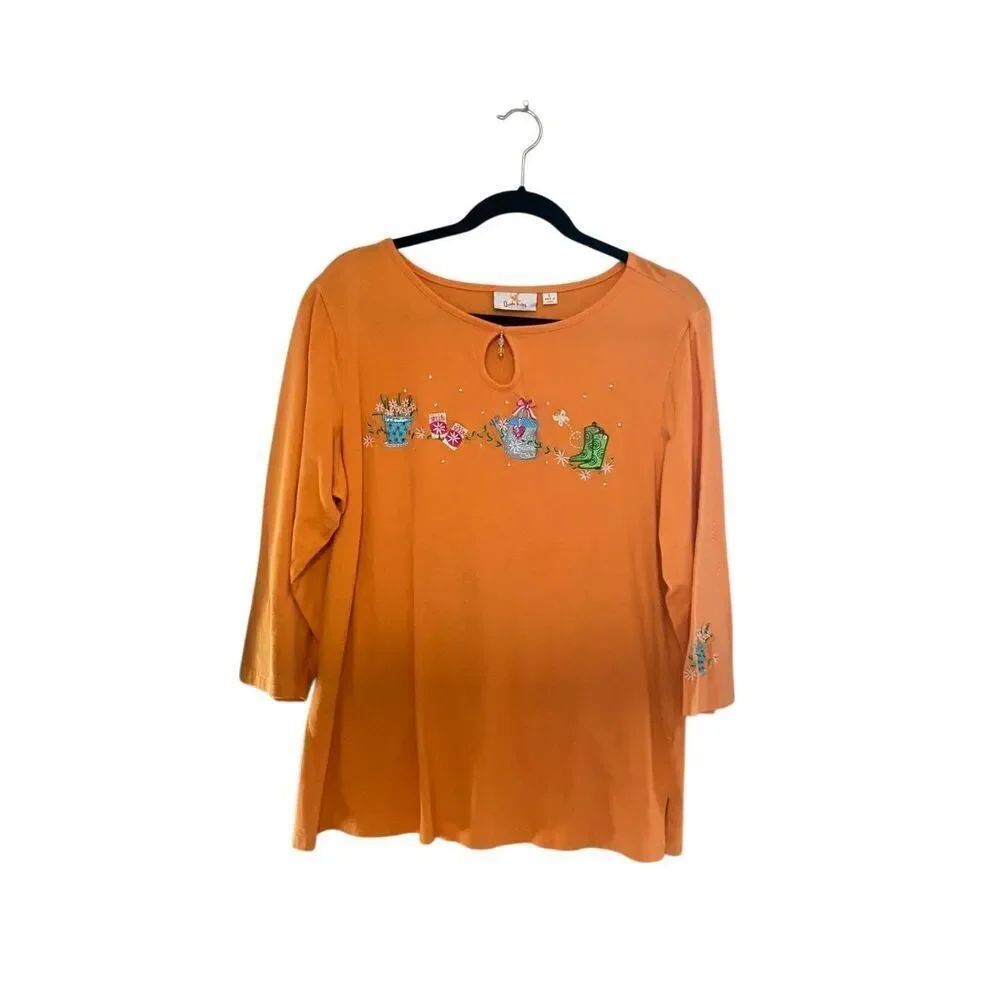 Quacker factory women’s embroidered gardening, orange T-shirt size large